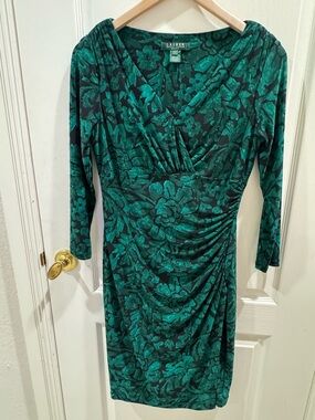 Ralph Lauren Green Floral Faux Wrap Dress Ruched Jersey Midi Long Sleeve Size 4